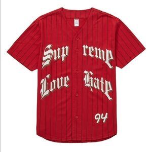 Supreme Love Hate Red Baseball Jersey 2019 Drop Men's Size Large Rare Brand New